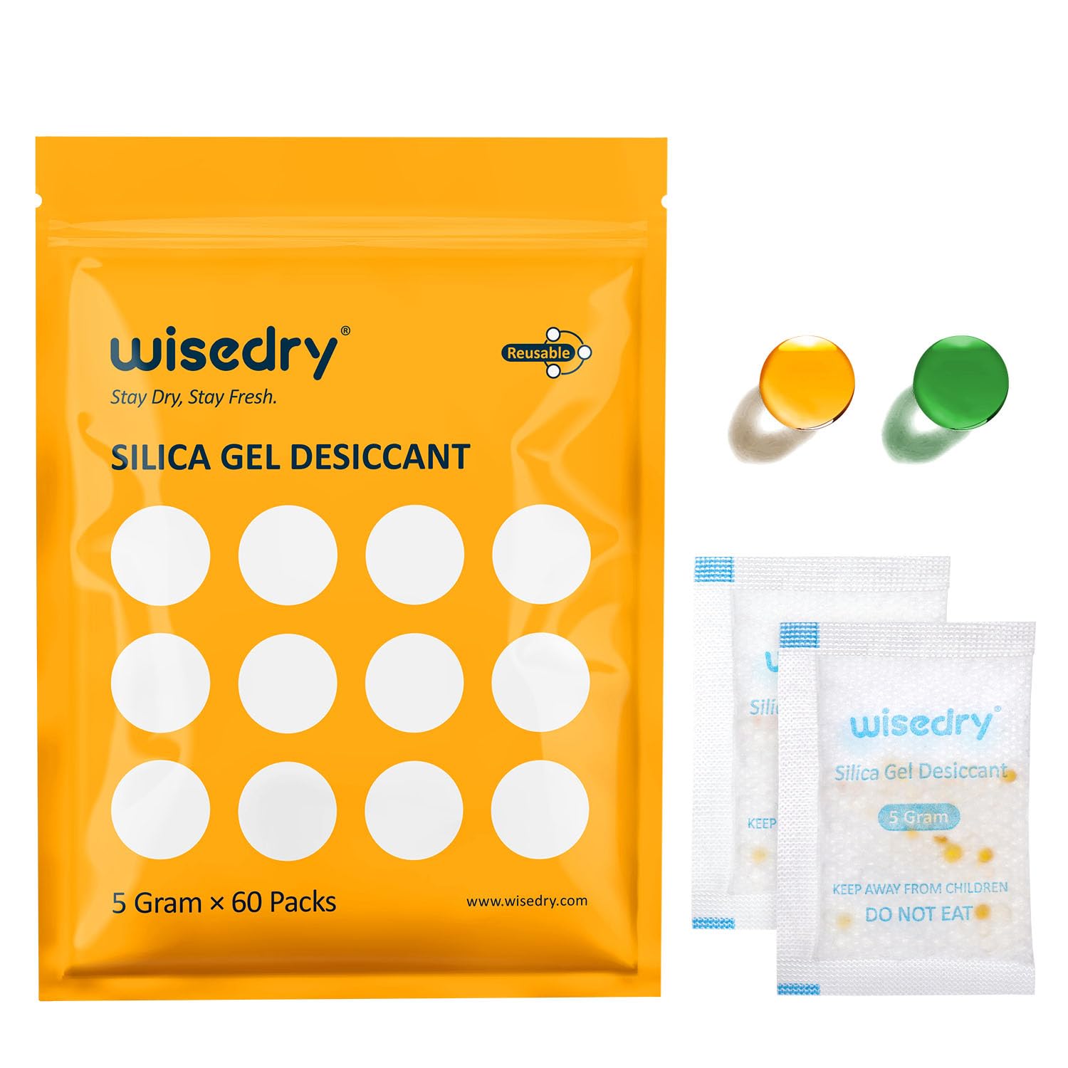 wisedry Silica Gel Sachets Bags 5 Gram x 60 Packs with Orange Beads Humidity Indicator Moisture Absorber for Air Dryer Moisture Removal, Food Grade