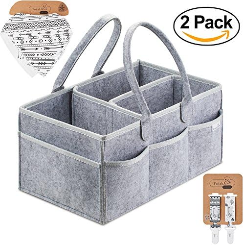 Putska 2 Pack Diaper Caddy Organizer: 15x9x7’’ Nursery Storage Basket For All Baby Essentials, Portable Diaper Holder Bag For Car And Changing Table –With Pacifier Clips, Bandana Bibs