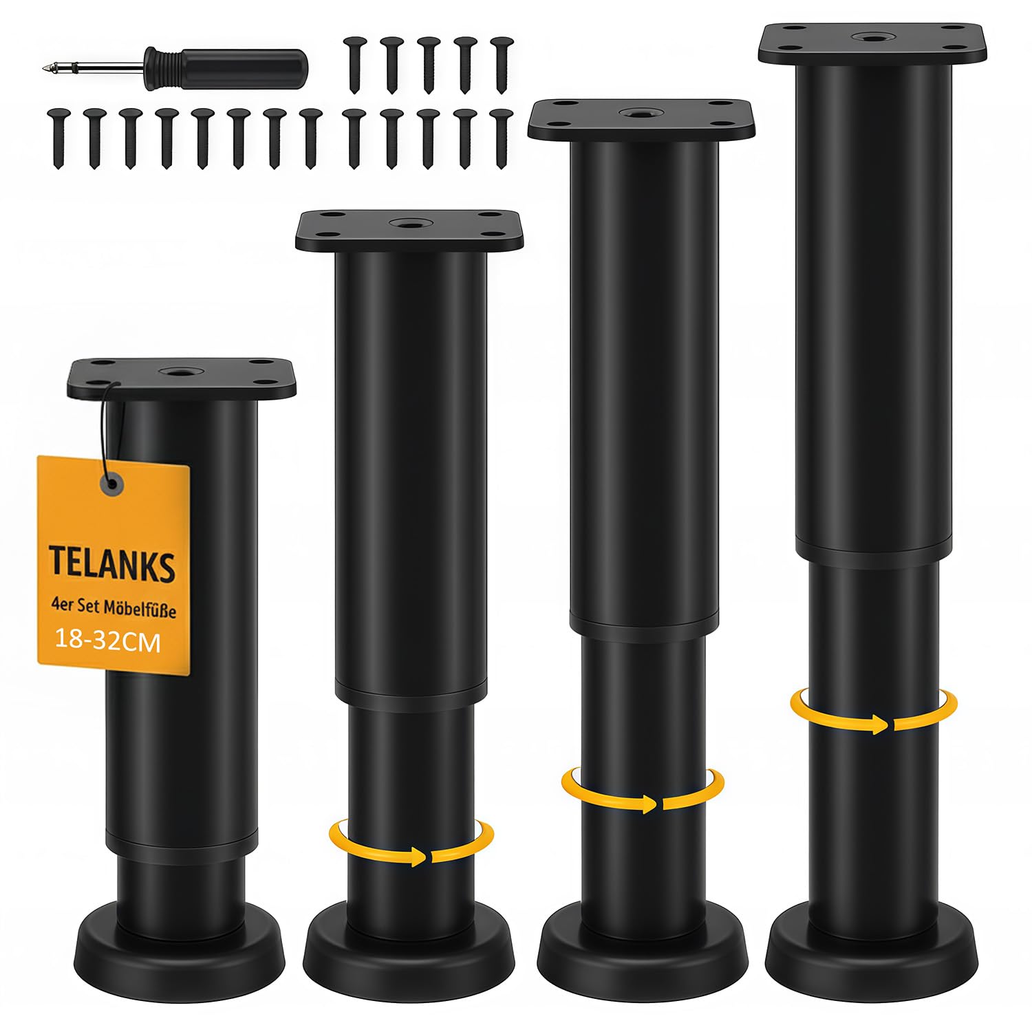 TELANKS Pack of 4 Furniture Feet, Height Adjustable, 18-32 cm Feet for Furniture, Cold-Rolled Steel Furniture Feet, Bed Feet with Base, Adjustable Feet for Furniture, Sofa, Bed, Bedside Table, Cabinet