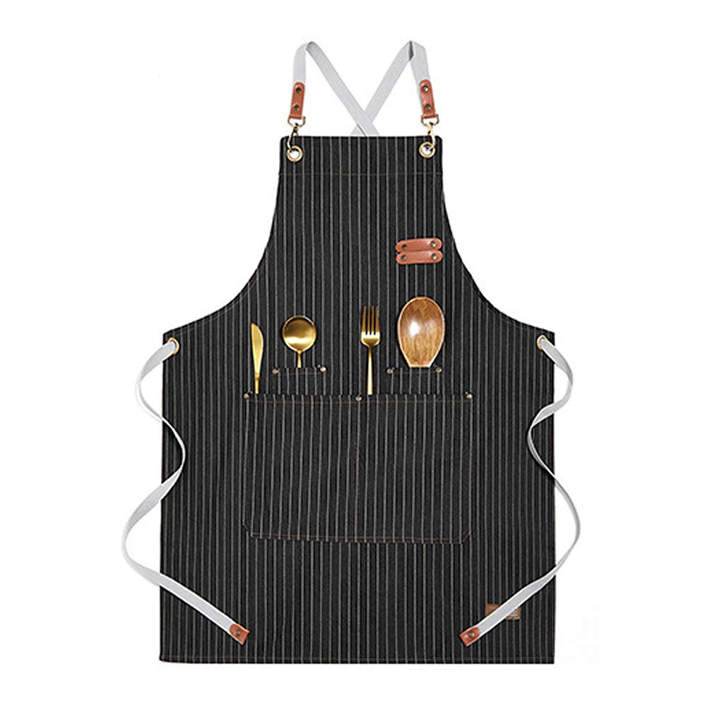 Demin Stripe Heavy Duty Work Apron With Pockets, Deluxe Edition with Quick Release Buckle Adjustable up to XXL for Men and Women-Black