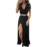 MESLIMA Women Casual 2 Piece Outfits Sexy V Neck Crop Top Boho Floral Print Beach High Split Maxi Dress Sets