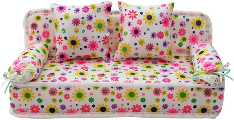PIXNOR Lovely Miniature Furniture Flower Print Sofa Couch with 2 Flower Cushions 8.50cm