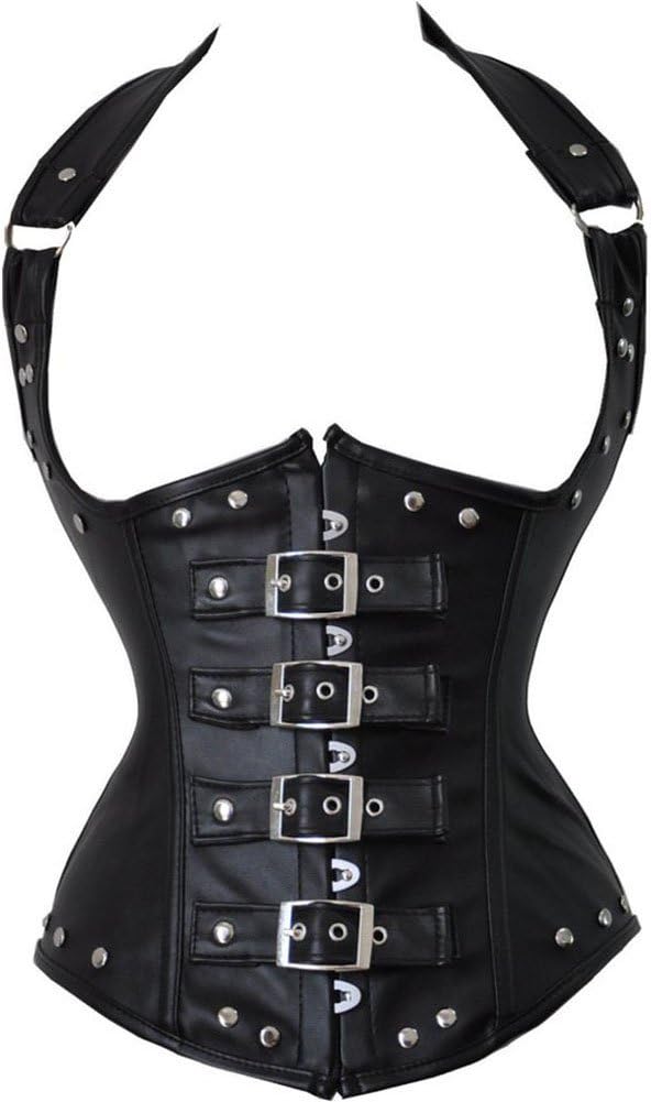 PU Leather Halter Metal Rivet Studded Underbust Corset Top 2XL Black