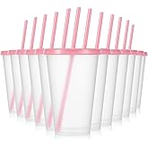 Mifoci 12 Pcs Plastic Tumbler with Lids and Straws Reusable Plastic Tumblers Bulk Mug Tumbler with Straw and Lid Tumbler Ice Cold Drinking Cup for Water Smoothie Birthday Party (Pink,16oz)