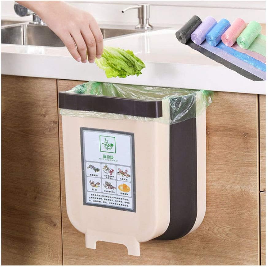 HorBous Kitchen Hanging Trash Can, Foldable Trash Bin, Small Portable Collapsible Waste Bins for Cabinet, Car Bedroom+30 Garbage Bags (Brown): Home & Kitchen