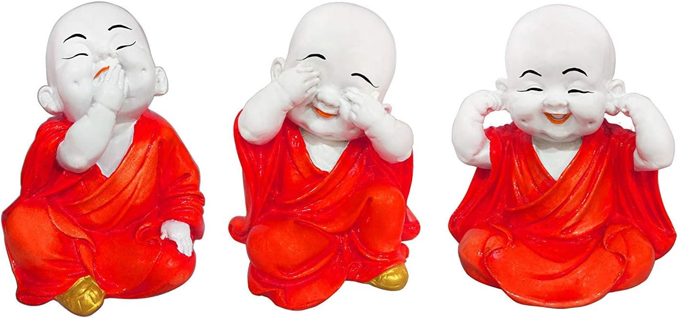 RJKART Polyresin Little Sitting Buddha Monk Sculpture, Standard, Candy Red, 3 Piece