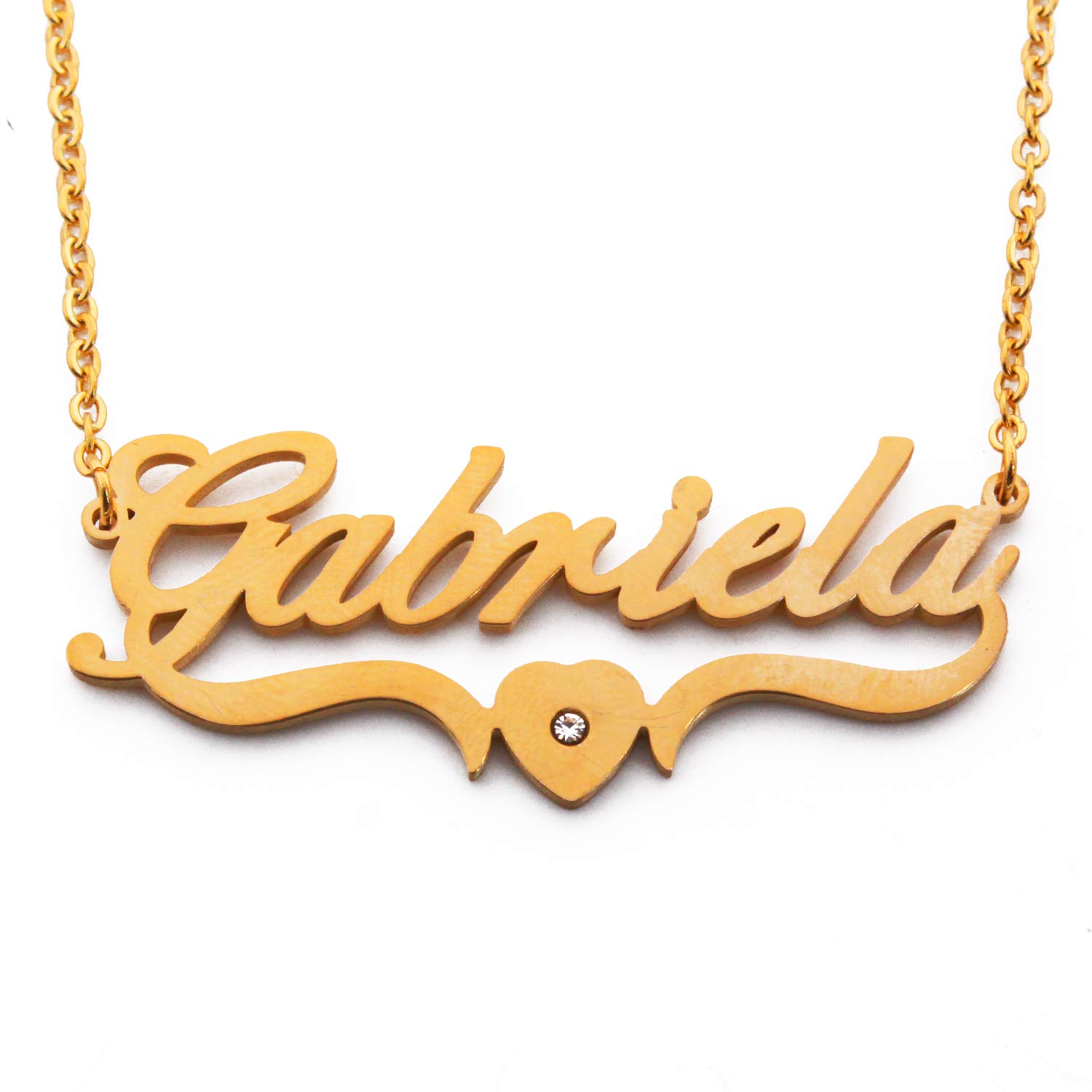 Kigu Gabriela Name Necklace Personalised Heart Shaped Gold Plated, Custom Dainty Name Pendants, Jewellery for Ladies, Girlfriend, Mother, Sister, Friends Inc Bag & Box