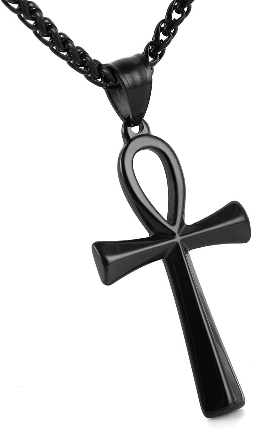 HZMAN Men's Stainless Steel Coptic Ankh Cross Religious Pendant Necklace, 22+2" Rope Chain