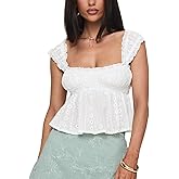 Women Y2K Solid Ruffle Trim T Shirt Causal Square Neck Cap Sleeve Eyelet Crop Top Sexy Ruched Front Babydoll Blouse