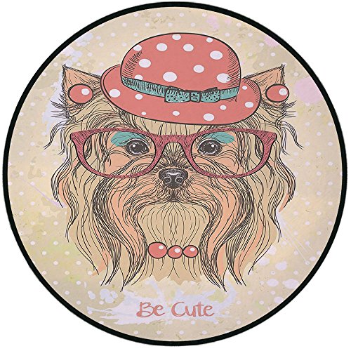 Printing Round Rug,Yorkie,Be Cute Portrait of an Adorable Dog with Earrings Necklace Glasses Hat Makeup Mat Non-Slip Soft Entrance Mat Door Floor Rug Area Rug For Chair Living Room,Light Brown Coral