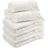 Buryeah 6 Pack Boho Knitted Throw Blankets with Tassels 50 x 60 Inch Soft Warm Rhombus Textured Blankets Bulk for Wedding Guests Christmas Birthday Employee Teacher Appreciation Gifts (White)