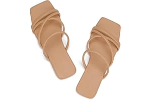 DOBOLIN Women's Wide Width Strappy Flat Sandals Dressy Squared Open Toe Slide Sandals Comfortable Trendy Summer Sandals 2024