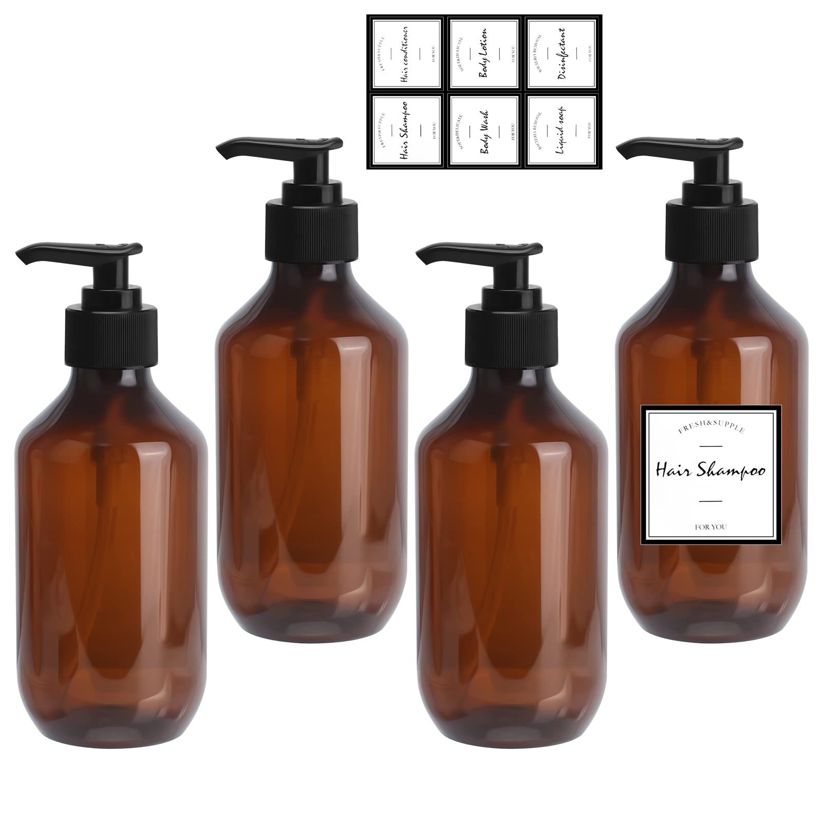 4 Pieces Empty Shampoo Bottles, 300ML Soap Pump Bottle Dispenser Refillable Lotion Bottle with 6 Pieces Waterproof Labels for Lotion Shampoo