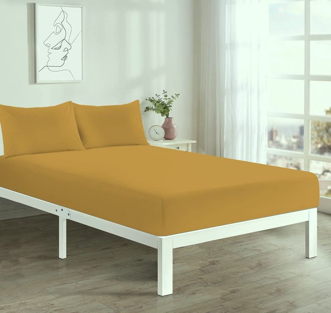 Fitted Bed Sheet With FREE MATCHING 2 X PILLOW CASES Poly Cotton Percale Easy Care Plain Dyed Bed Sheet Mustard Double