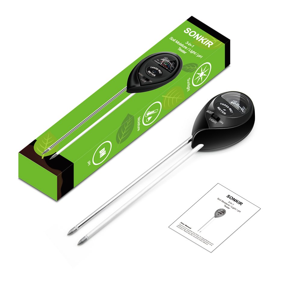 Sonkir Soil Tester, MS03 3-in-1 Plant Moisture Sensor Meter/Light/pH Tester for Home, Garden, Lawn, Farm, Indoor & Outdoor Use, Promote Plants Healthy Growth (Black)