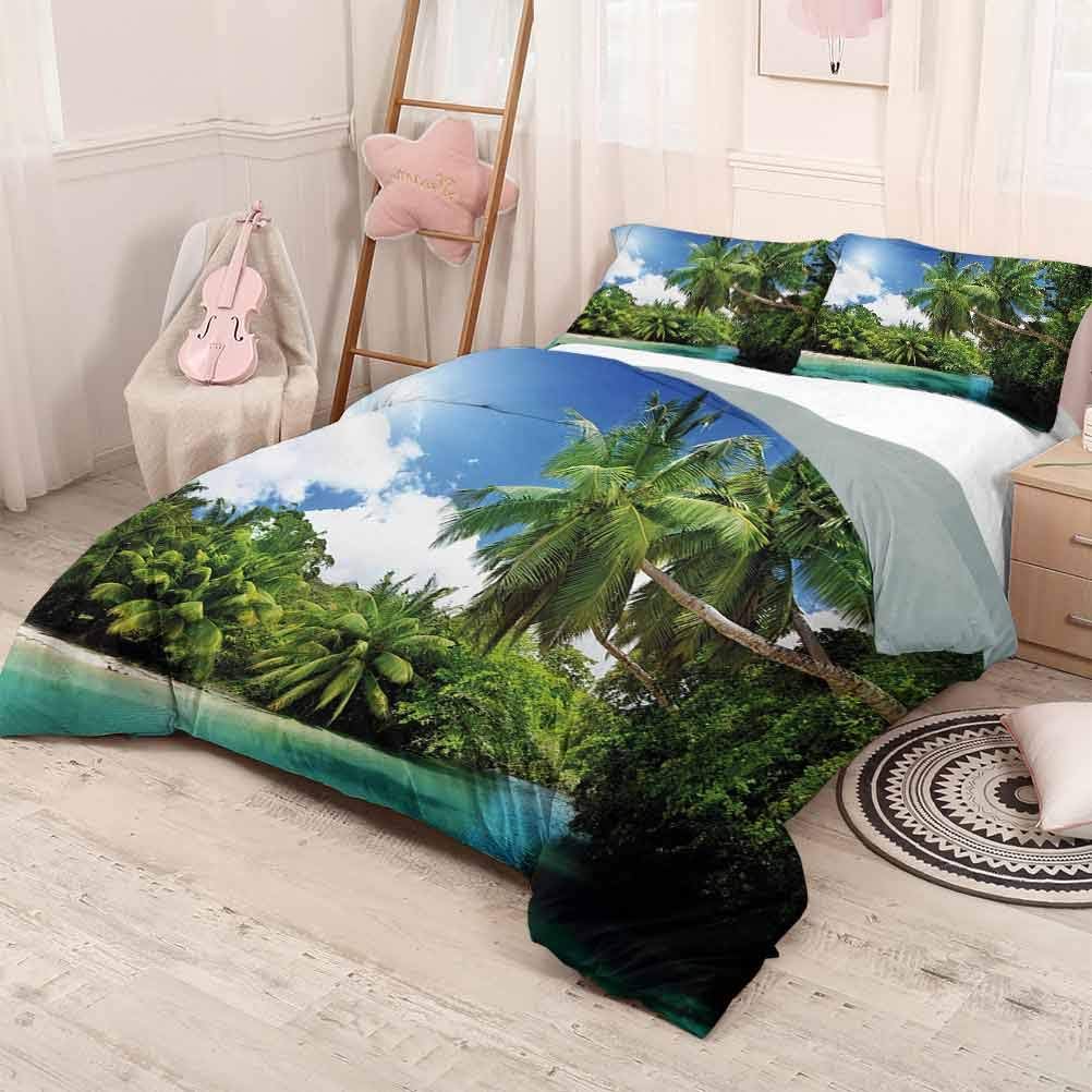 HELLOLEON Jungle Extra Large Quilt Cover Mahe Island Seychelles Lake and Palms with Clear Morning Sky Forest Vacation Can be Used as a Quilt Cover-Lightweight (Twin) Aqua Green White
