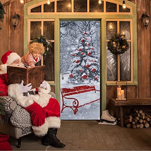 KKYLOVEJ Creative Imitation 3D Door Stickers Snowing Christmas Tree Mural DIY Hotel Christmas Glass Door Decoration Waterproof Removable PVC Bench Wall Decals