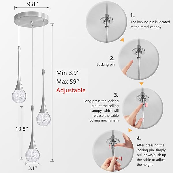 CENOZO 3-LIGHTS MODERN PENDANT LIGHTS FOR KITCHEN ISLAND LED DIMMABLE CRYSTAL GLAM CEILING PENDANT LIGHTING CHANDELIER FOR DINING ROOM HALLWAY BEDROOM CORNER LAMP BRUSHED NICKEL