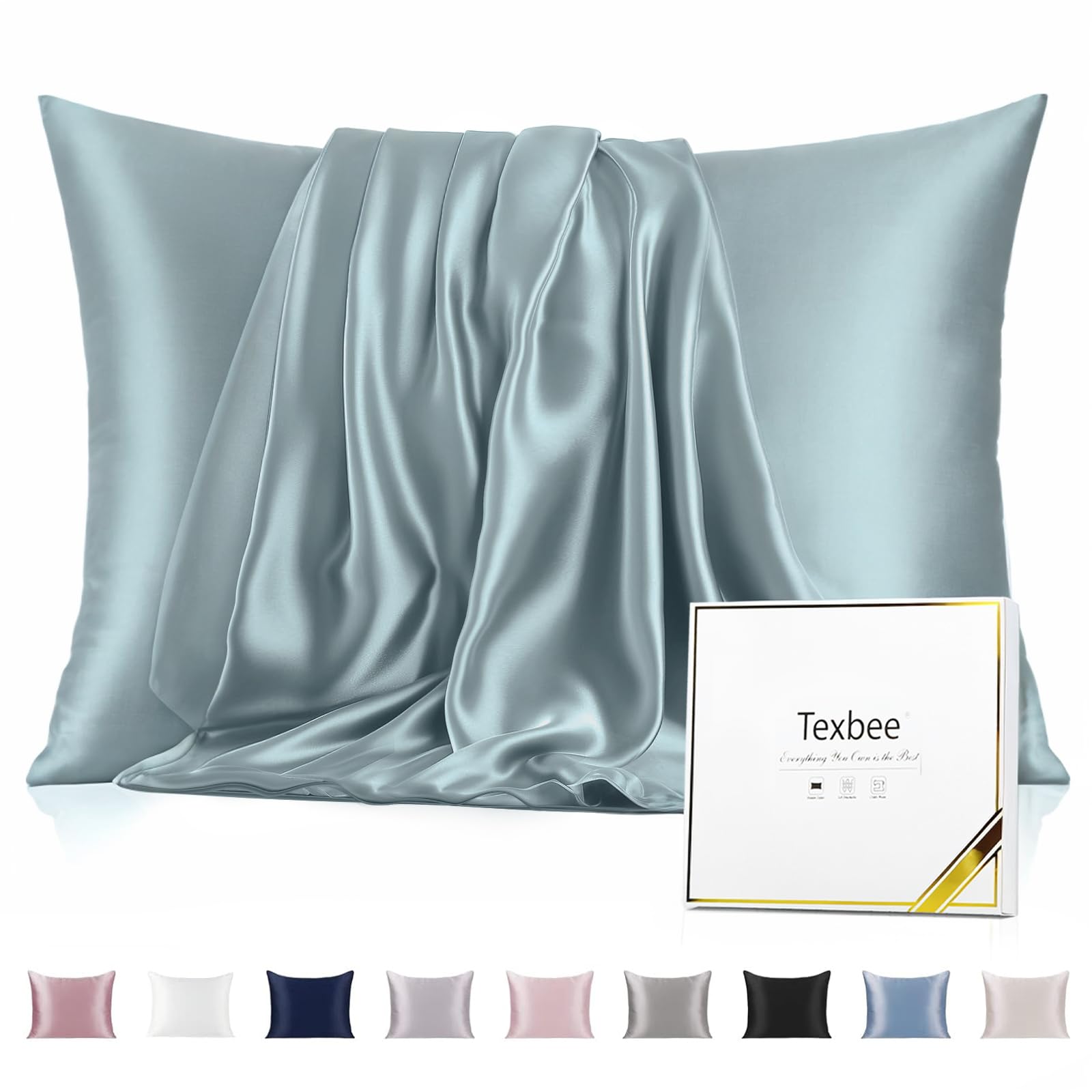 Texbee Silk Pillowcase, 22 Momme Mulberry Silk Pillowcases for Hair and Skin Health, Soft Smooth Breathable Cool Pure Pillow Case for Beauty Sleep, with Gift Box, 1pc (King 50x90 cm, Aqua Green)