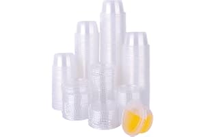 TashiBox 200 Pack of 2-Ounce Disposable Plastic Jello Shot Cups with Lids, Souffle Portion Container, 2 oz-200 Sets, Clear