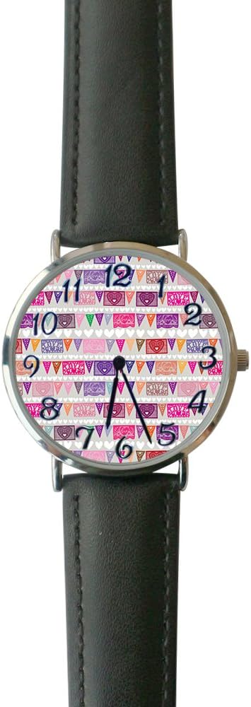 SINGDADFF Women's Abstract Pink Purple Bunting Flags Casual Watch Fashion Leather Analog Wrist Watches