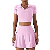 2 Piece Tennis Dress for Women High Waist Pleated Tennis Skirt with Shorts Short Sleeve Crop Golf Workout Skirts Sets