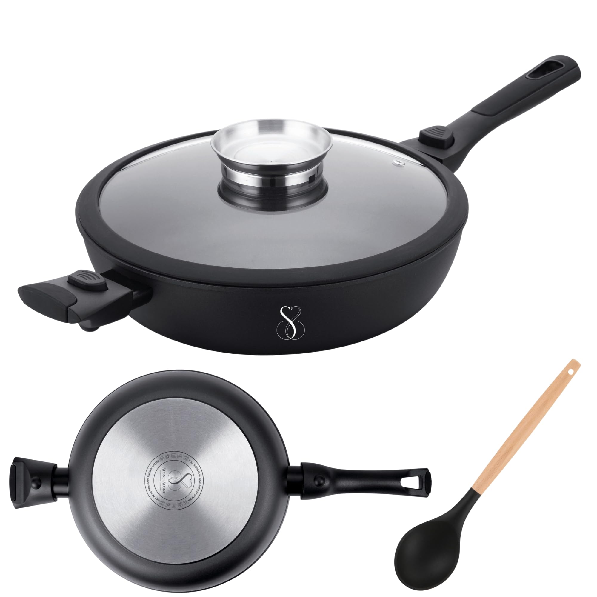 Stone&Stone Super Non Stick Deep Frying Pan 28cm x 7,5 Aluminium & Steel Induction Hob and Oven Fry Pan Stone Cookware Chef's Pan Professional for All Hobs, PFOA Free with Lid and Kitchen Spoon — image 1