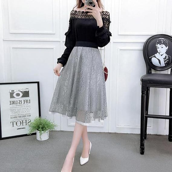 Amazon ハイウエストスカート 春夏ハイウエストメッシュスカート女性ファッション気質中空レーススカートグレーm スカート 通販