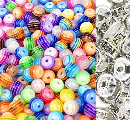 Kailusee 100 PCS Acrylic Round Stripe Resin Beads and 100 PCS Silver Rhinestones Rondelle Spacer Beads for Jewellery Making, Colourful Stripes, 8 Mix Colours, 8mm in Diameter