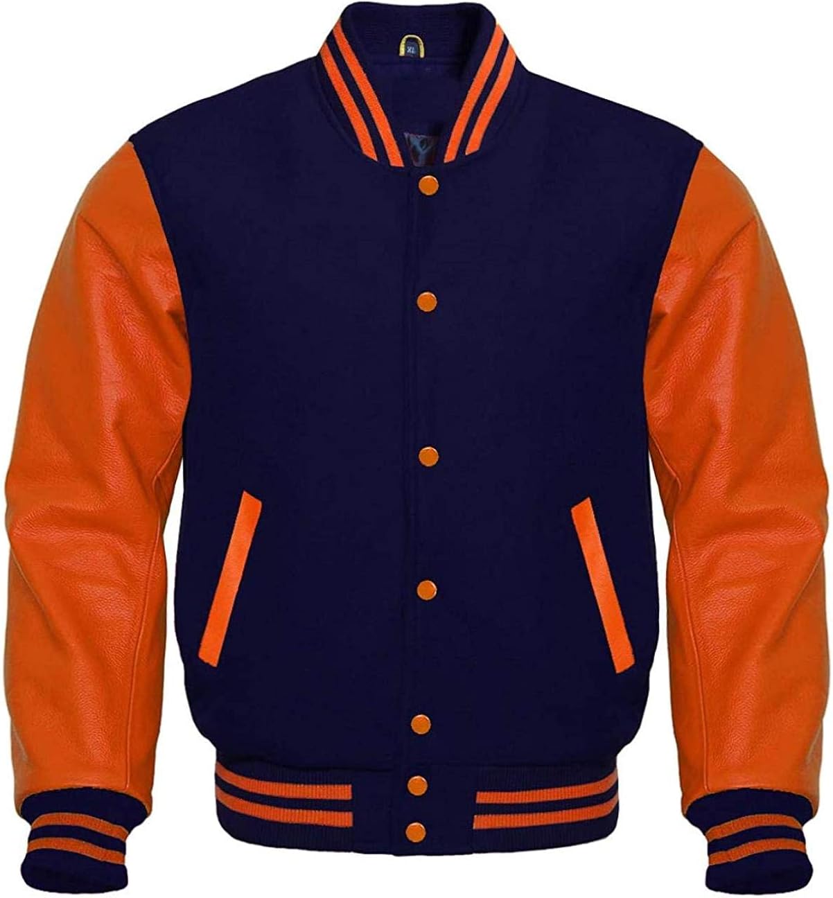 GOERTPO Navy Wool Baseball Bomber Style Orange Leather Sleeves Jacket