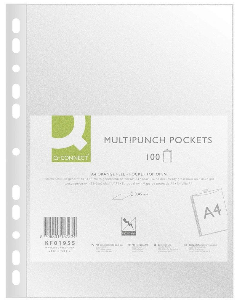Q-Connect Polypropylene Document Holders with Punched Eco-Textured Antistatic A4 6/100e 210 x 297 mm Pack of 100 Assorted Colours