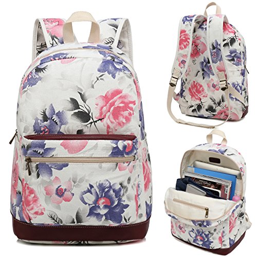 Kenox Girl's School Rucksack College Bookbag Lady Travel Backpack 14Inch Laptop Bag (White-Floral)