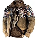 HOTYD Mens Cowboy Lapel Sweatshirt Fall Long Sleeve Zipper Western Jackets for Men Casual Vintage Fleece Pullover Coat