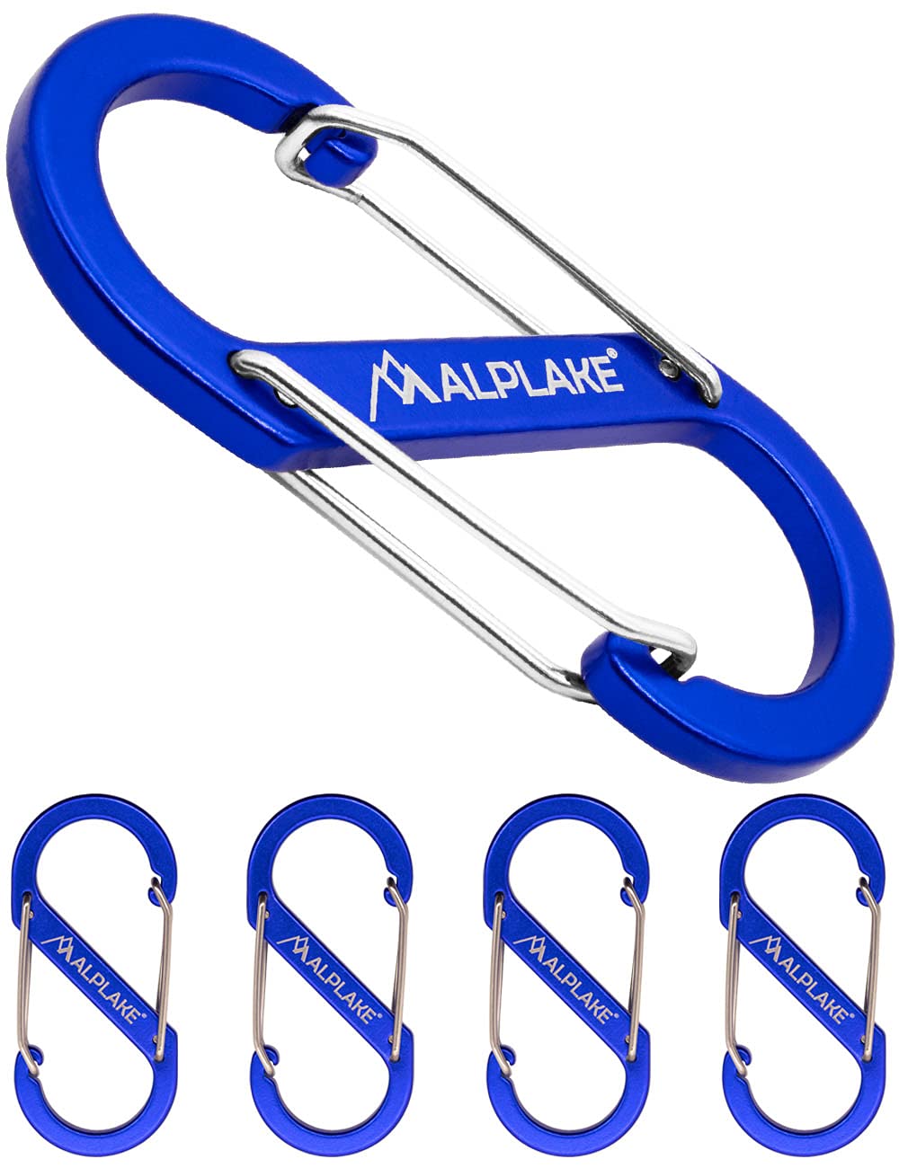 ALPLAKE ® - Set of 4 material carabiners, double carabiner, micro carabiner, S-shape, 88 x 40 mm, blue