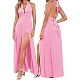 XinFSh Women's Halter V Neck Wedding Guest Maxi Dress Sexy High Slit Bow Tie Beach Vacation Long Formal Dresses