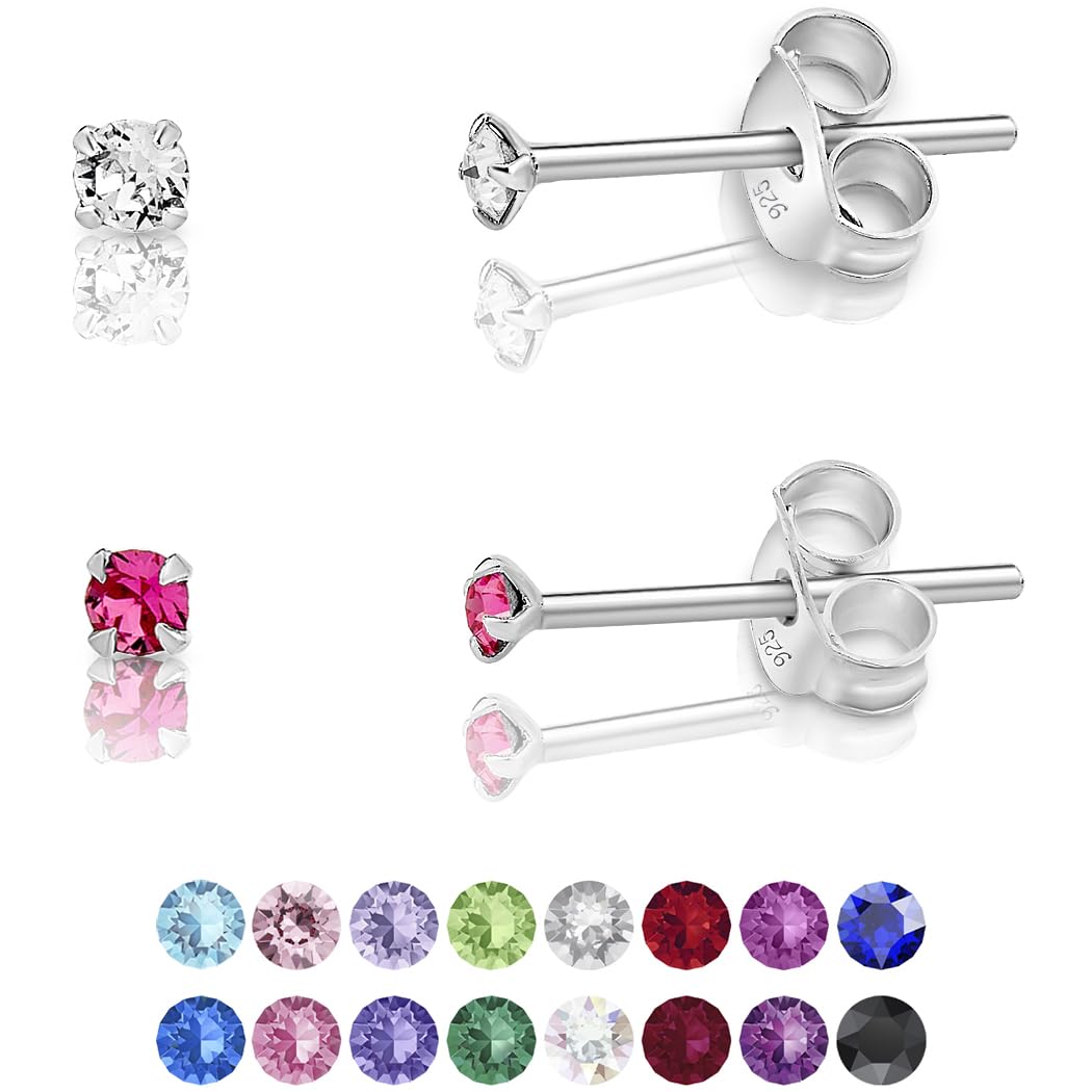 DTPSilver - Set of 2 PAIRS of 925 Sterling Silver Round TINY Stud Earrings made with Glittering Crystals from Swarovski® Elements - Diameter: 2 mm - Colour : Rose