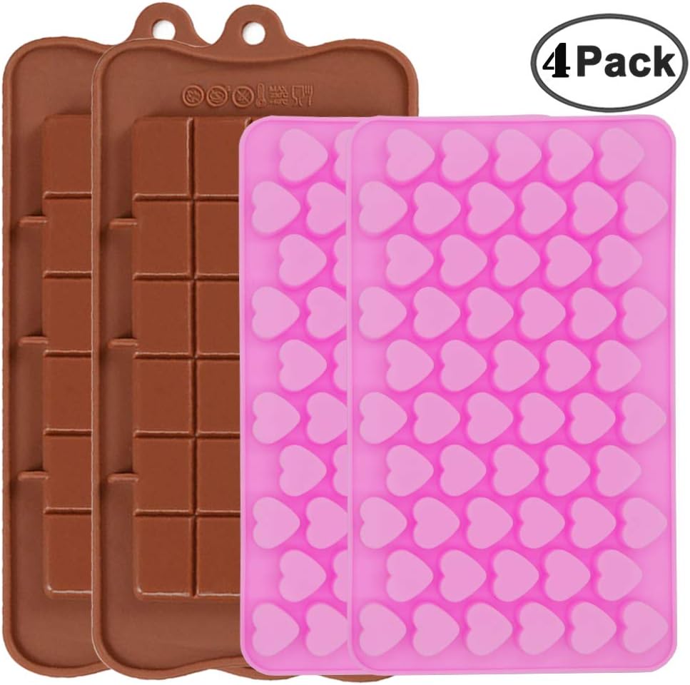 IHUIXINHE Silicone Chocolate Molds Gummy Molds，Mini Heart Shape and Break-Apart Chocolate，Jello and Ice Cube Trays，Food Grade Silicone Nonstick Molds - 4PC
