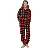 dressfan Unisex Pajamas Plaid Hooded Cozy Jumpsuit Zipper Onesie Christmas Pajamas for Family Couples Women Men