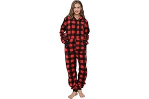 dressfan Unisex Pajamas Check Hooded Cozy Jumpsuit Zipper Onesie Christmas Pajamas for Family Couples Women Men