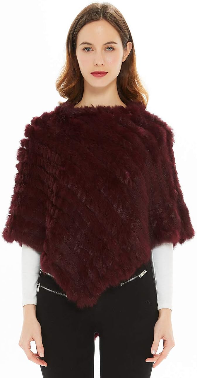 Ferand Women's Knitted Genuine Rabbit Fur Cape Poncho for Winter