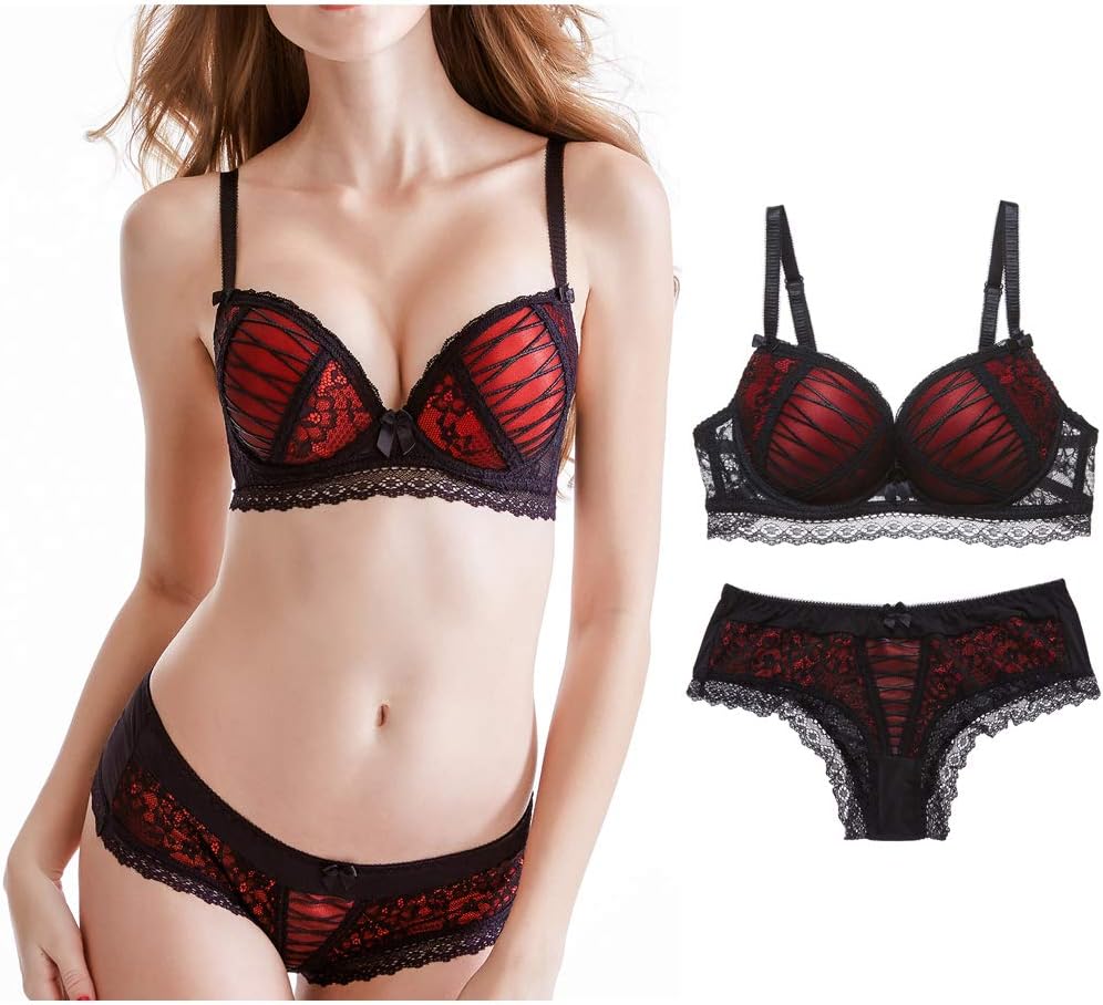 U FairyWomen's Lace Bra Set Sexy Lingerie Bra and Panties Push Up Underwire Bra (Red-a, 36C)