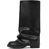 femflame Women's Fold Over Boots Slouchy Wide Calf Pleated Platform Black Boots Round Toe Chunky Stacked Riding Biker Boots Mid Calf Boots
