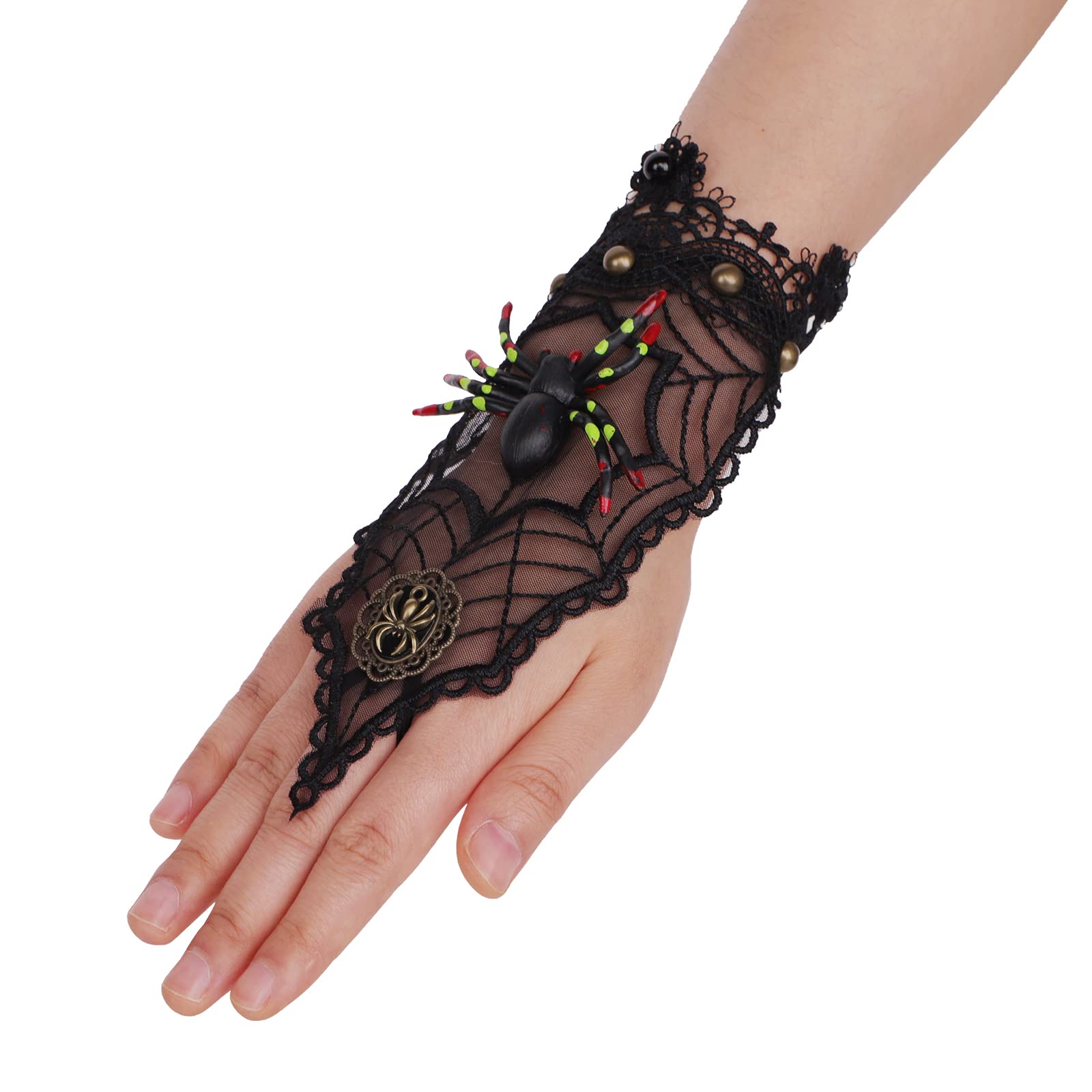 1Pair Lace Fingerless Black Punk Gothic Corpse Bridal Gloves for Halloween/Evening Party Wedding Short Bridal Gloves Ladies Girls Fancy Dress Flowery Day of the Dead Costume Accessory