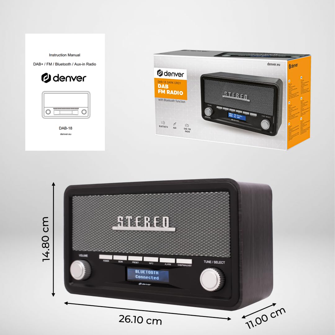 Denver Retro DAB-18 Digitalradio | DAB Plus Radio mit Bluetooth & FM | 2x20W Stereo-Lautsprecher | Kleines Radio mit Netzstecker | Küchenradio DAB mit gutem Klang | LCD-Display & Weckfunktion 7
