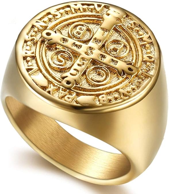 NBMCXC Men's Stainless Steel St Benedict Exorcism Ring Catholic Cross