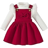 Megeoly Toddler Baby Girl Outfits Long Sleeve Ribbed T-Shirt Bow Overall Dresses Suspender Skirt Set Fall Winter Clothes