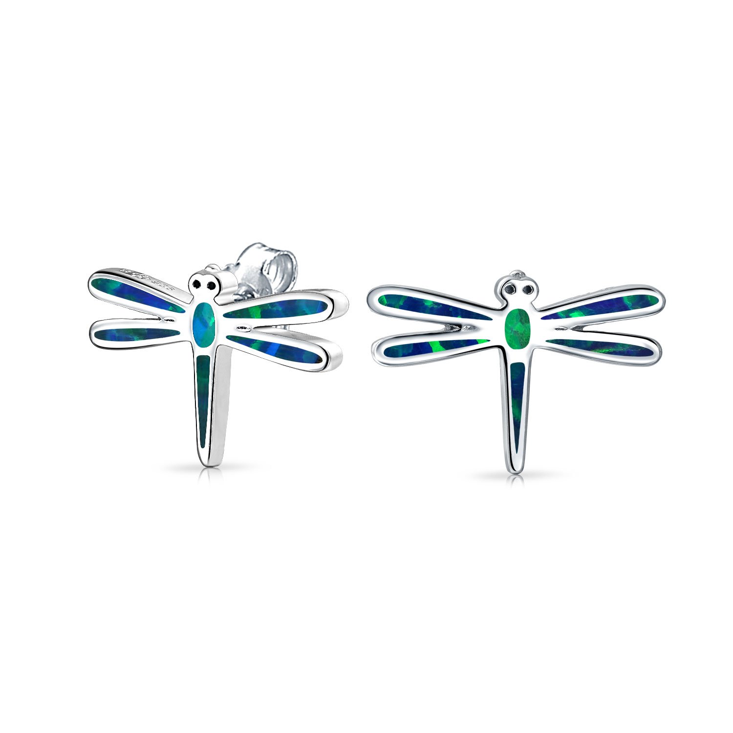 Blue Created Opal Garden Insect Summer Dragonfly Firefly Stud Earrings For Women For Teen .925 Sterling Silver