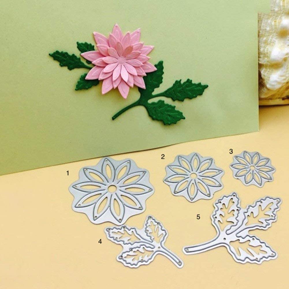 5Pcs Flower Leaf Cutting Dies for Card Making，Cutting Dies Cut Stencils for DIY Scrapbooking Photo Album Decorative Embossing Paper Dies for Card Making Templated+Cute Brooch Pin