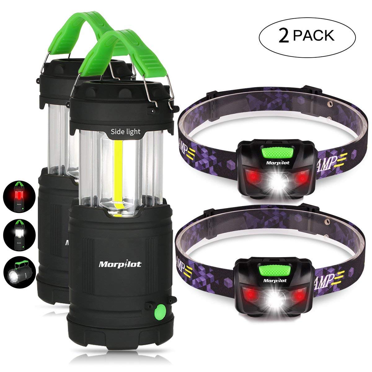Combo: 2 Pack Morpilot Camping Lantern Outdoor Portable LED with Flashlight 7 Modes & LED Headlamp 5 Modes with Red Strobe.