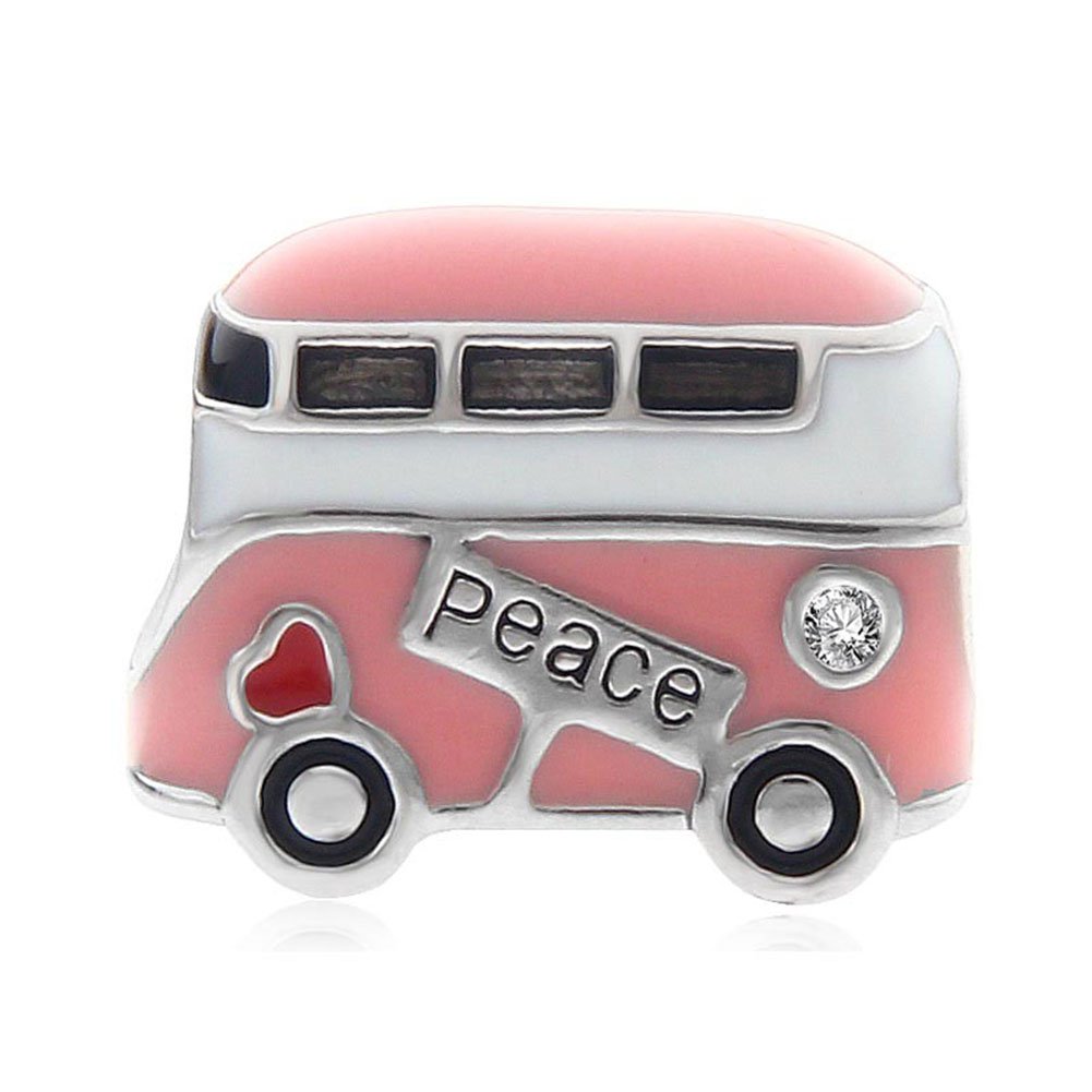 Pink Peace Bus Charm 925 Sterling Silver Travel Charm Love Charm Anniversary Charm for Pandora Charm Bracelet